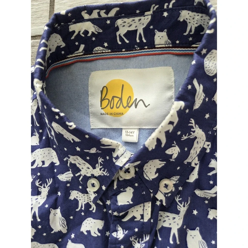Boden Boys Woodland Animal Print Button Down Shirt Blue Cotton 13-14Y Youth Long